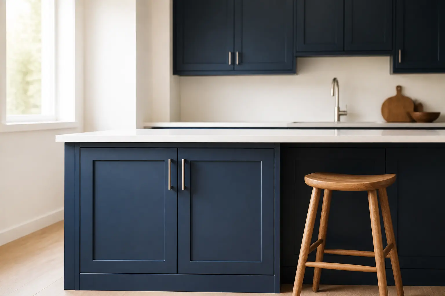 Cuisine moderne avec bleu dans la cuisine, îlot bleu, plan de travail blanc et tabouret en bois.