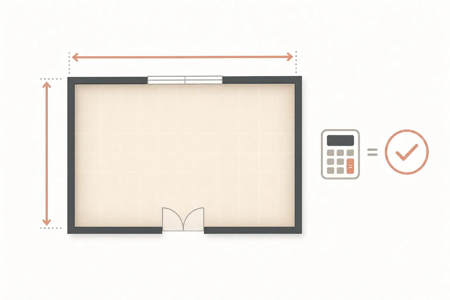 Calcul m2 d’une pièce rectangulaire vu du dessus, avec flèches de longueur et largeur et surface mise en valeur.