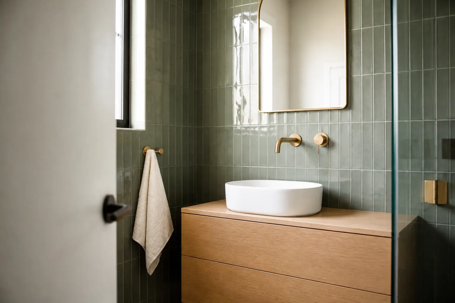 Carrelage vert salle de bain dans une petite salle d’eau moderne, avec mur d’accent sauge, bois clair et laiton.