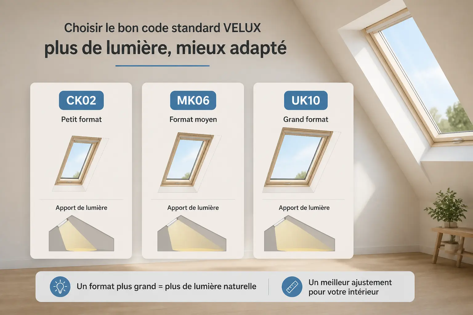 Dimension velux : comparaison des formats CK02, MK06 et UK10 avec luminosité croissante.