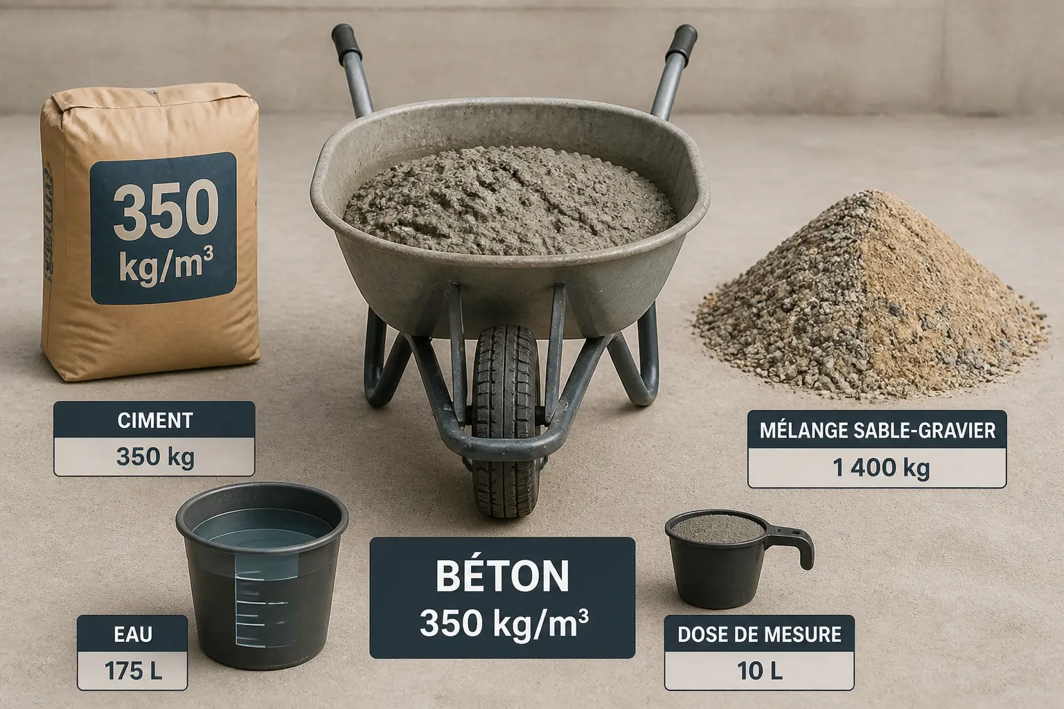 Dosage béton 350 kg avec mélange sable gravier : sac de ciment, sable-gravier, eau et mesure précise.