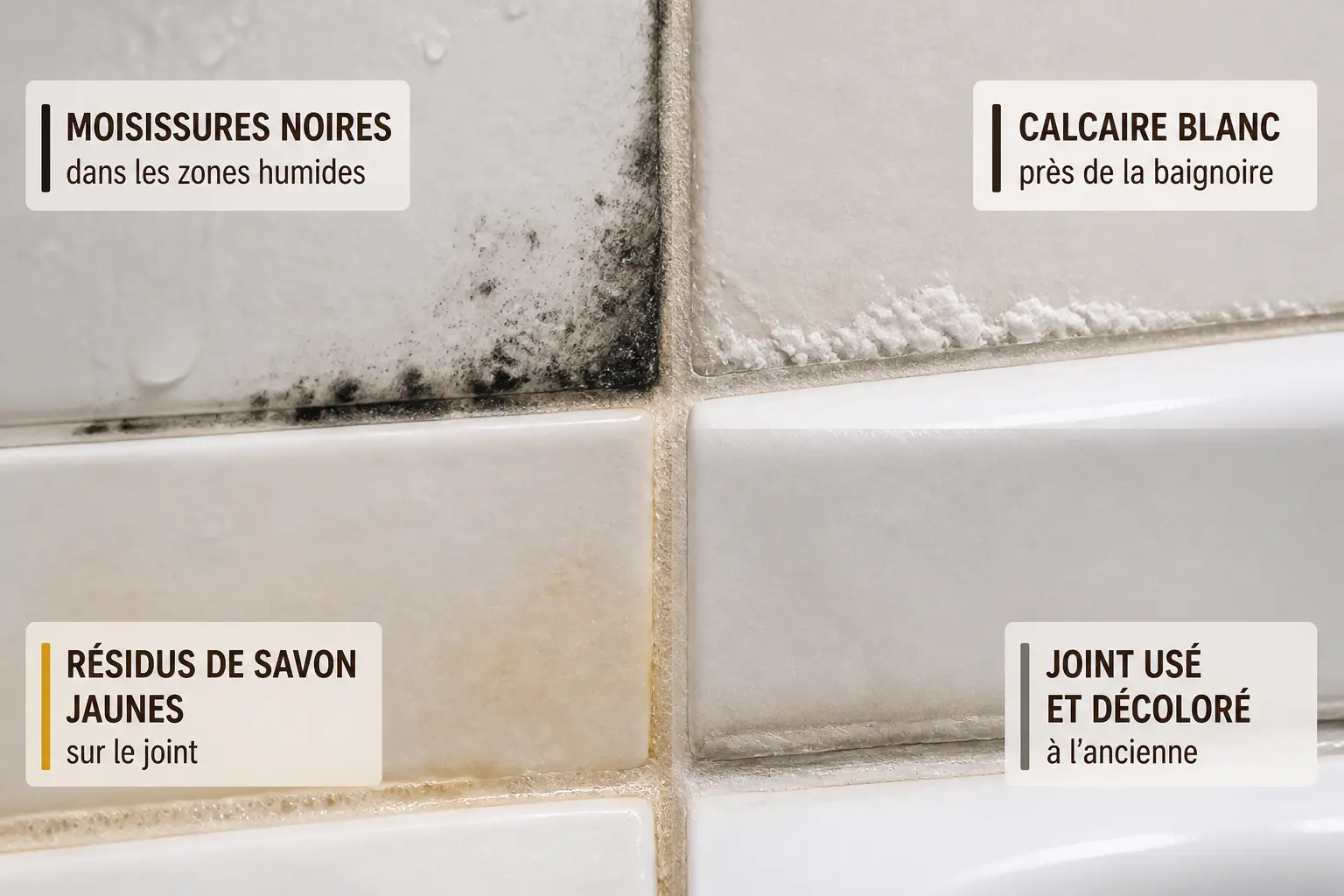 Nettoyer joint salle de bain : gros plan comparatif montrant moisissure, calcaire, savon et vieillissement des joints