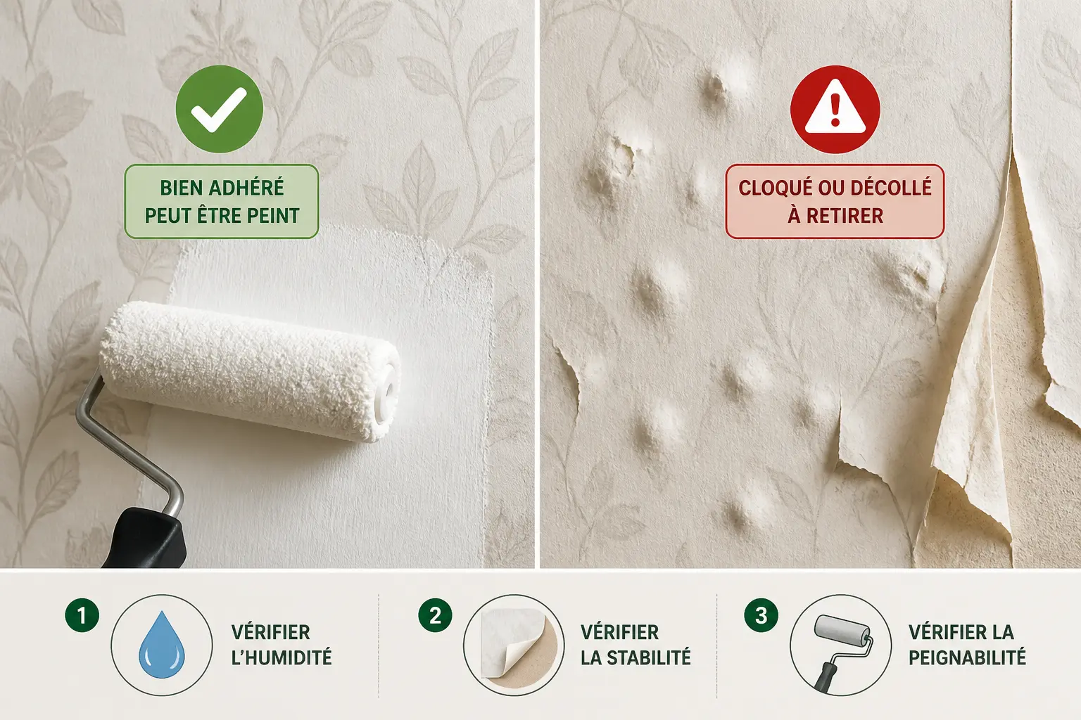 Peinture sur papier peint : mur sain peint au rouleau et zone gondolée à retirer