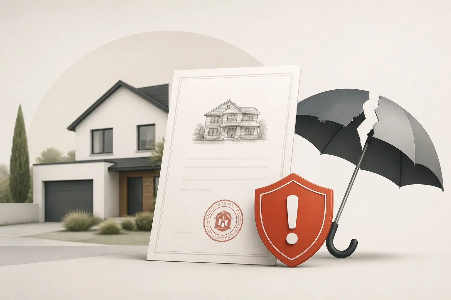 Acheter une maison construite par un particulier : document légal, maison, bouclier d’alerte et parapluie cassé