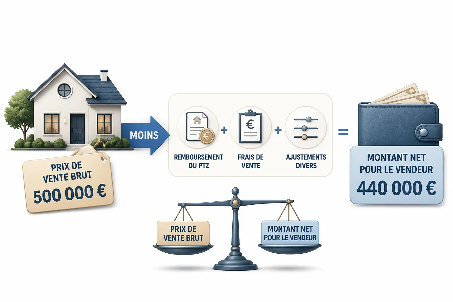 Astuce pour vendre avec un PTZ : schéma du prix de vente, déductions et net vendeur disponible.