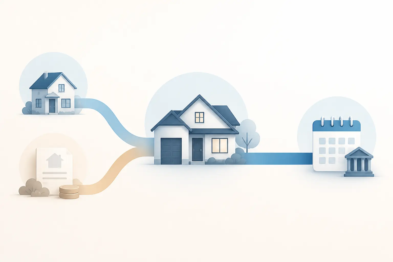 Illustration d’autre solution que le prêt relais : prêt achat-revente avec deux flux fusionnant vers une maison.
