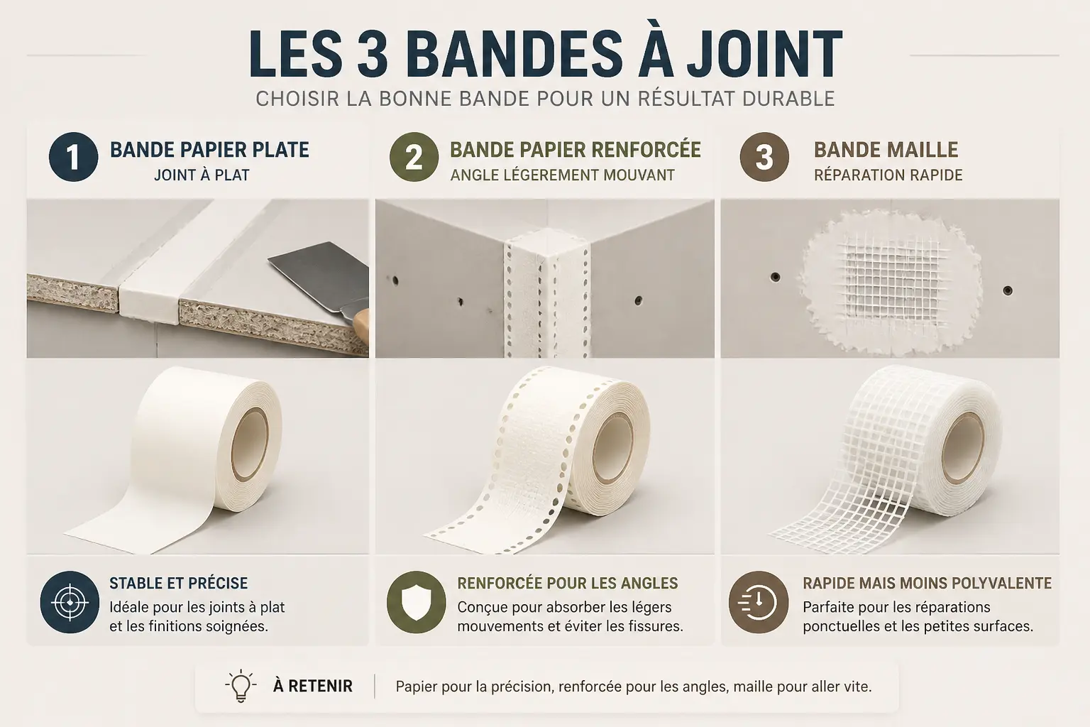 Comparatif de bande a joint placo : papier plat, papier renforcé et maille pour différents chantiers