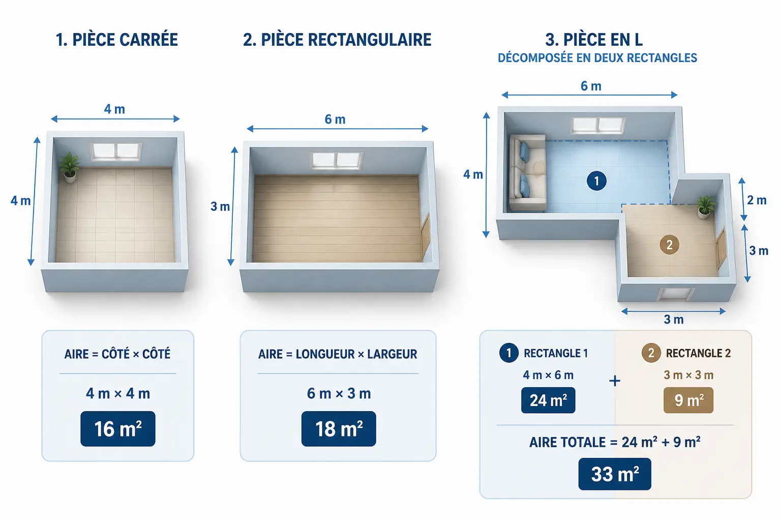 Calcul m2 d’une pièce selon sa forme : carré, rectangle et pièce en L décomposée en rectangles
