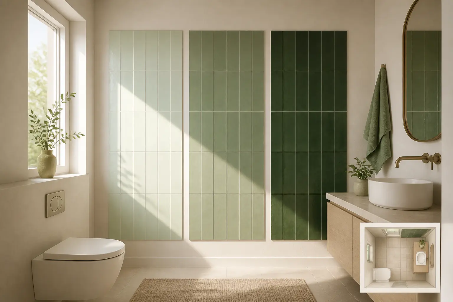 Carrelage vert salle de bain : trois nuances de vert sur un mur compact, avec lumière naturelle et petite pièce.