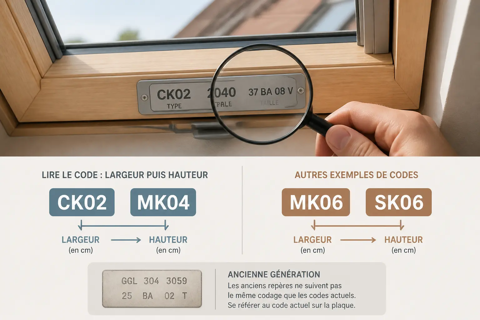 Dimension velux : plaque d’identification d’une fenêtre de toit avec loupe et codes CK02, MK04, MK06, SK06.