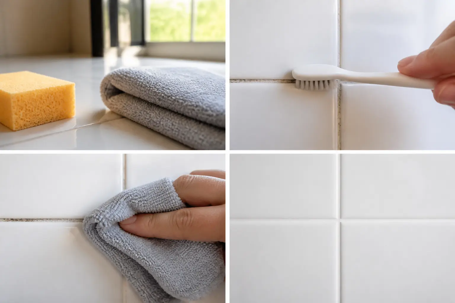 Nettoyer joint salle de bain avec une brosse douce, une éponge et un chiffon microfibre sur carrelage blanc