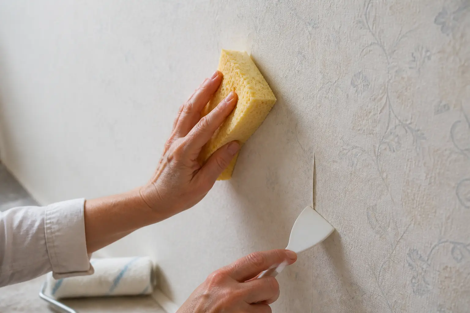 Préparation d’un mur en peinture sur papier peint : nettoyage doux et reprise d’un léger décollement.
