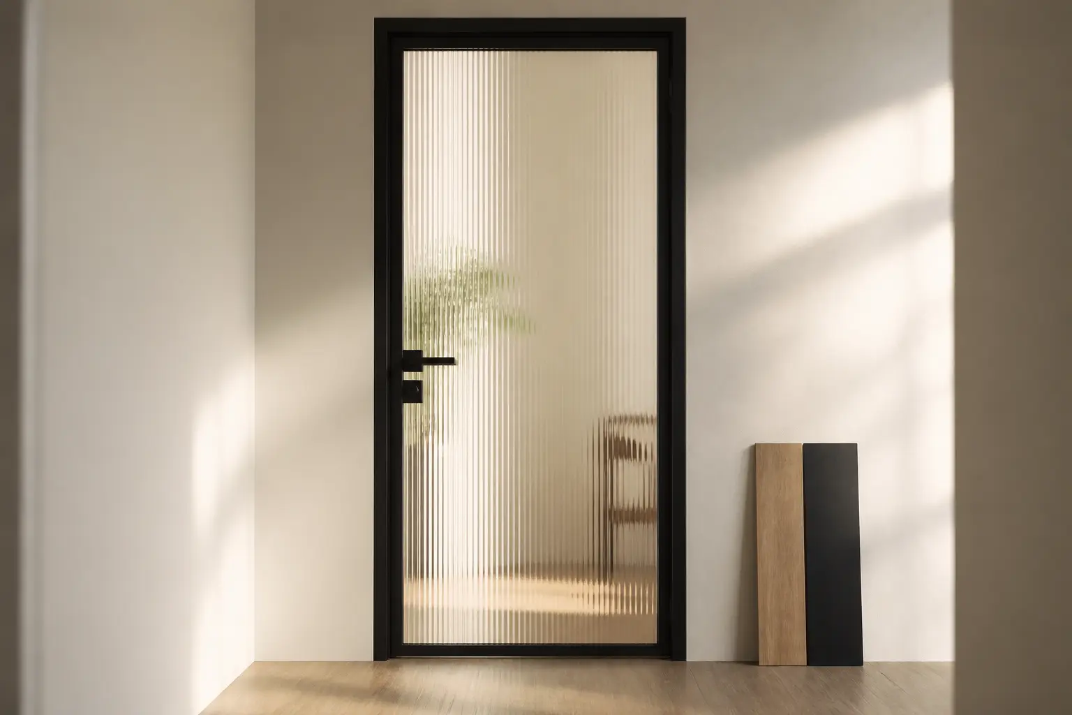 Porte vitrée intérieure en verre satiné avec cadre noir, laissant passer la lumière et préserver l’intimité