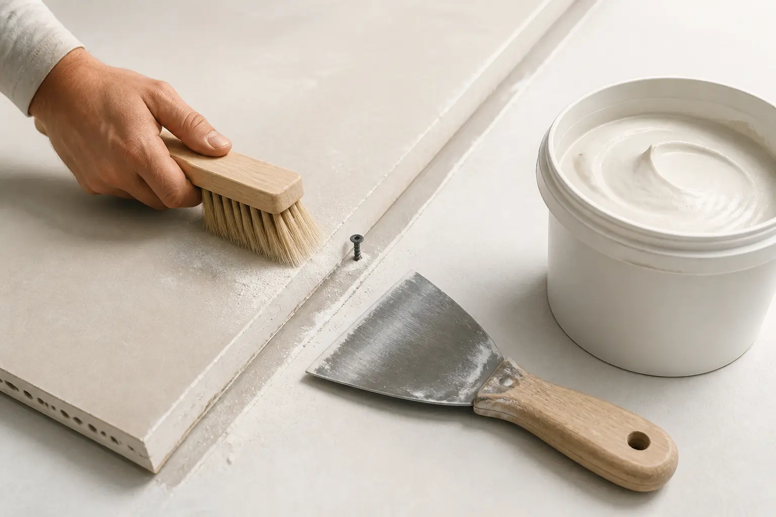 bande a joint placo : préparation d’un joint BA13 avec couteau, brosse, vis, poussière et enduit