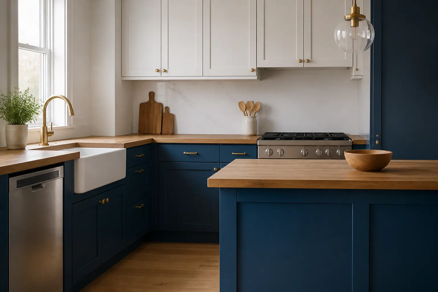 Bleu dans la cuisine : meubles bas bleu profond, meubles hauts blancs, îlot bleu et bois clair.