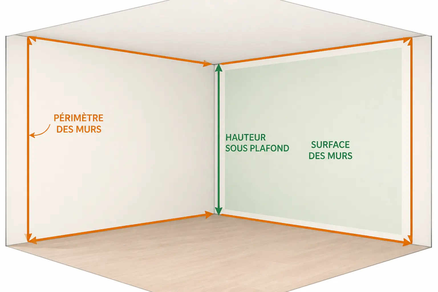 Calcul m2 d’une pièce : schéma clair des murs, du sol et du plafond à mesurer avant travaux.