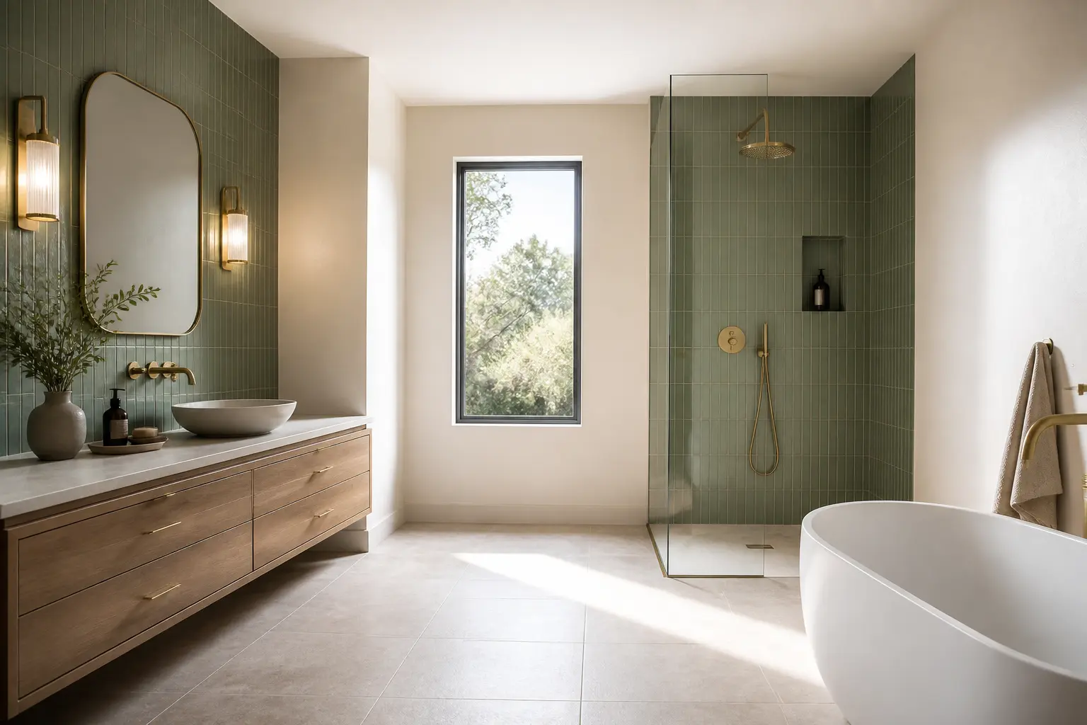 Carrelage vert salle de bain : mur sauge, douche verte et sol clair pour un équilibre visuel.
