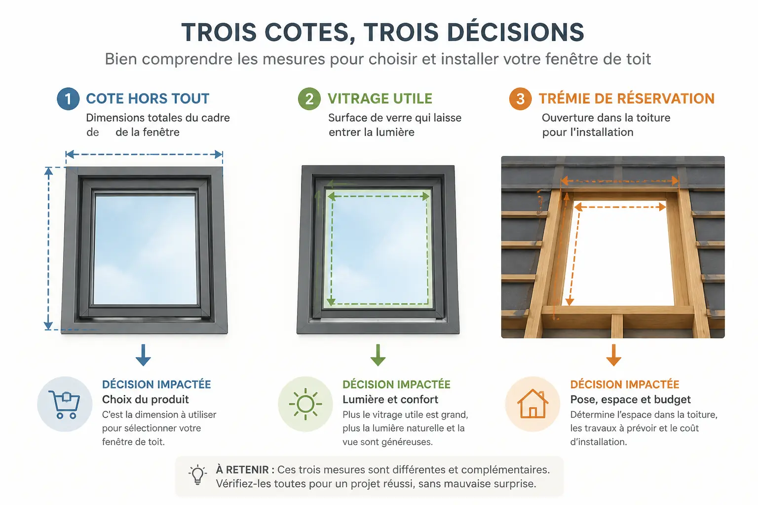 Schéma clair de dimension velux : cote hors tout, vitrage utile et trémie de réservation.