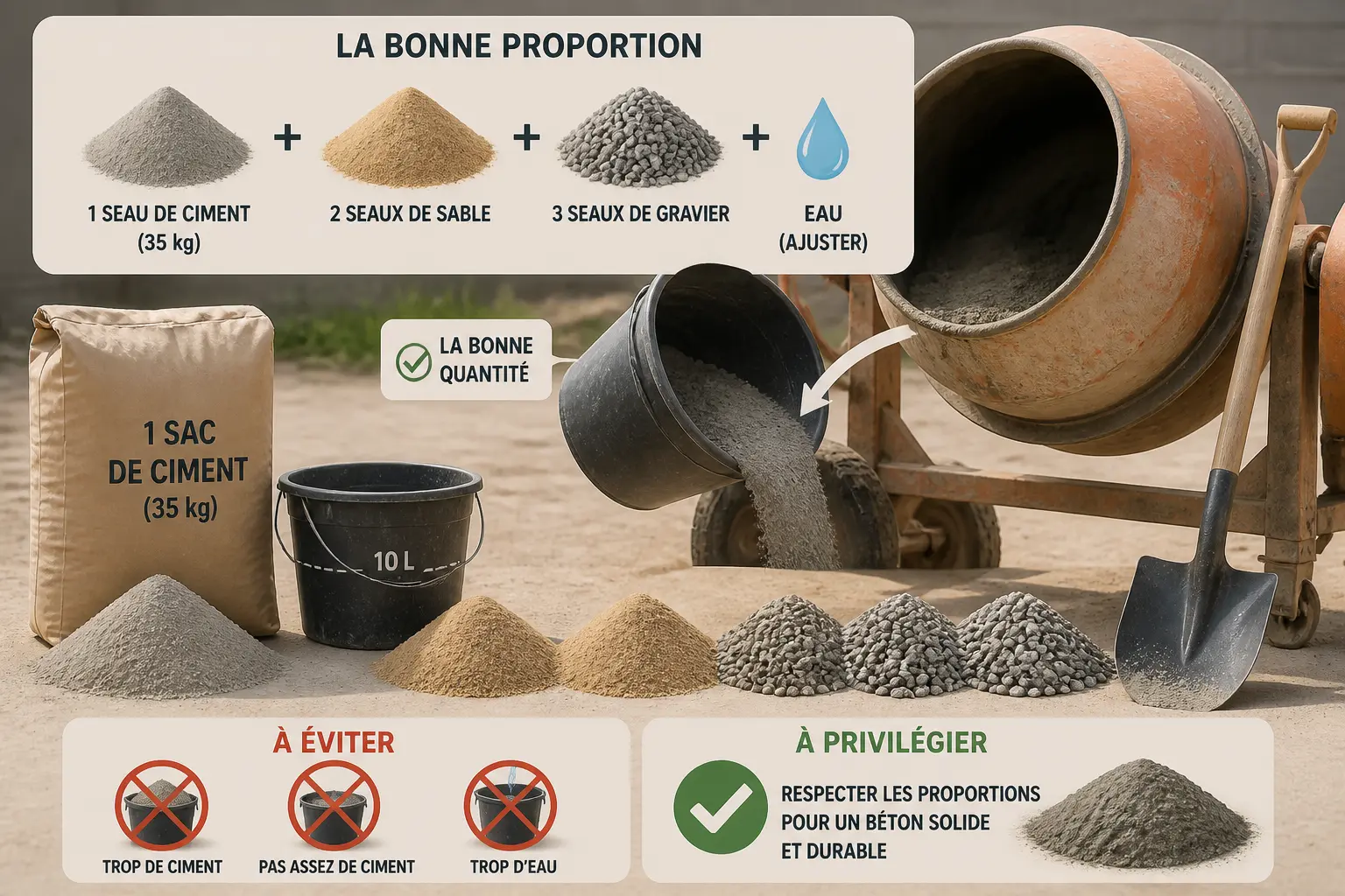 Dosage béton 350 kg avec mélange sable gravier : seau de 10 L, pelle, sac de ciment et bétonnière.