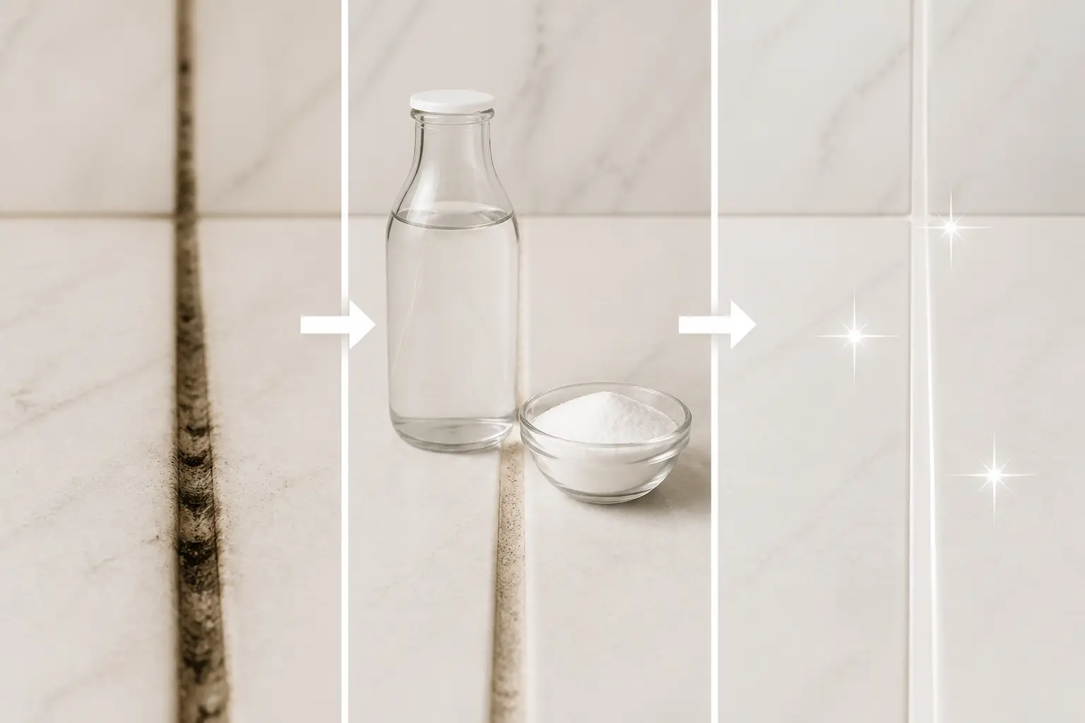 Nettoyer joint salle de bain : progression de joints très sales vers des joints blancs après traitement