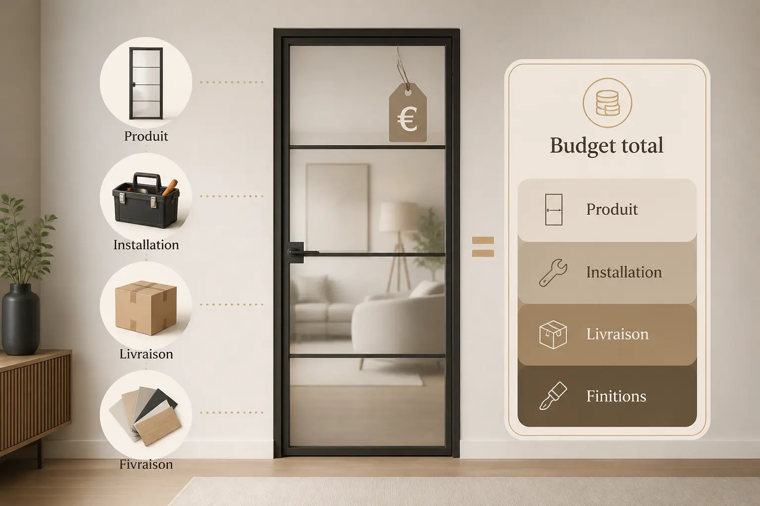 Porte vitrée intérieure avec étiquette prix, outils, livraison et mètre pour estimer le budget de pose.